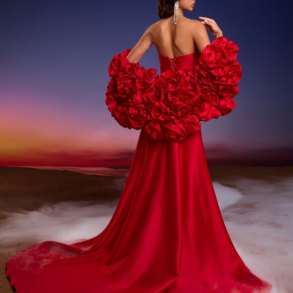 Red Wedding Dress with Train - A-Line Mermaid/fit-and-flare Evening Gown XS-XL - Picture 2 of 10